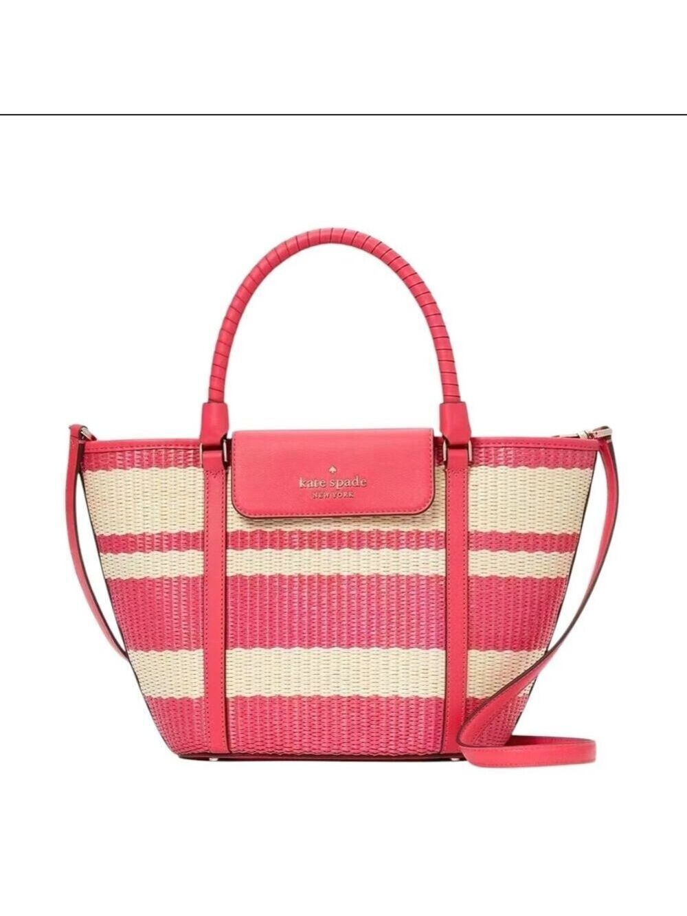 KATE SPADE MEDIUM STRAW / LEATHER CRUISE TOTE IN BIKINI PINK SPRING SUMMER PURSE